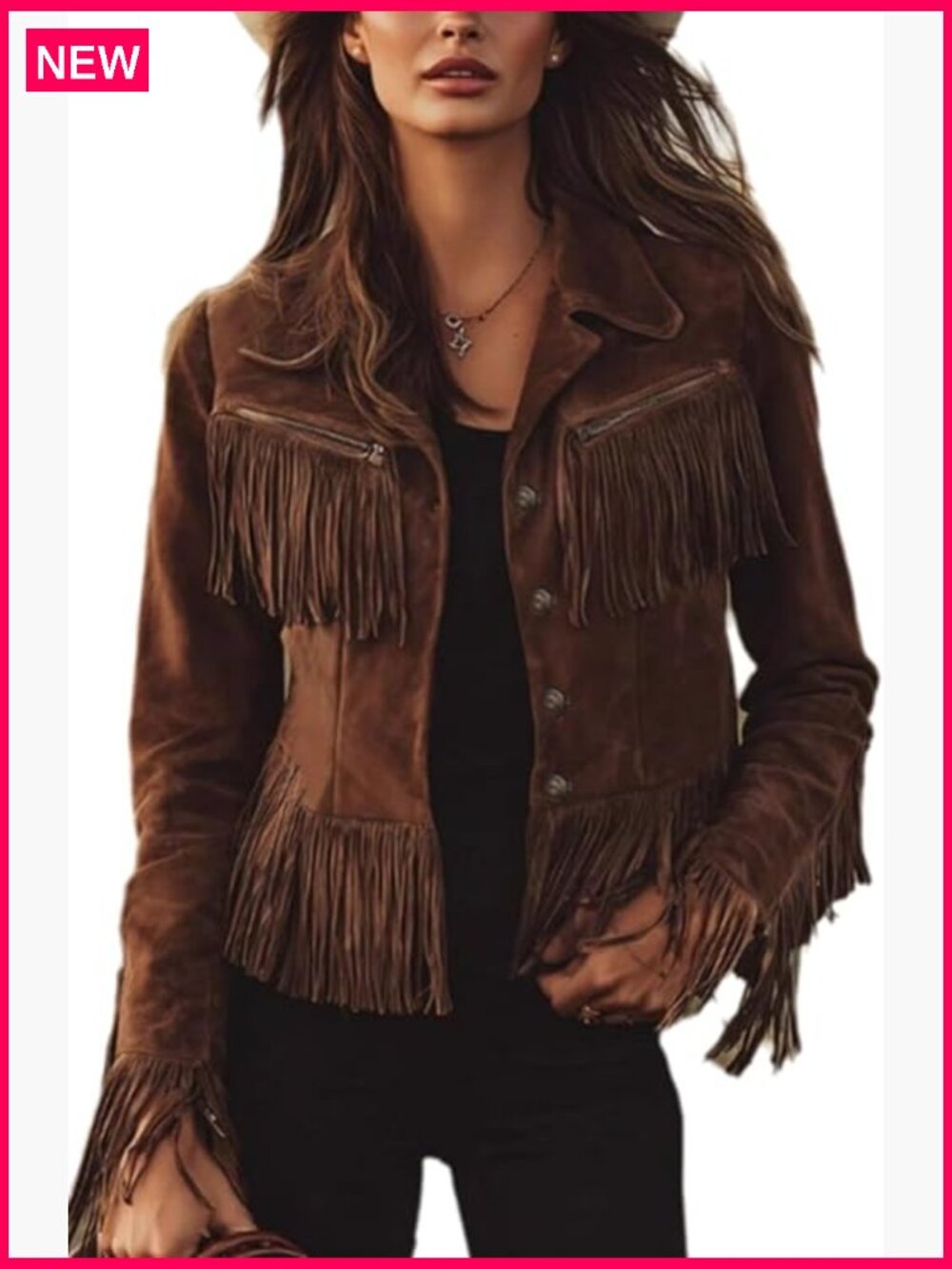 Faux Suede Fringe Jacket Western Cowgirl Style Long Sleeve Button Up